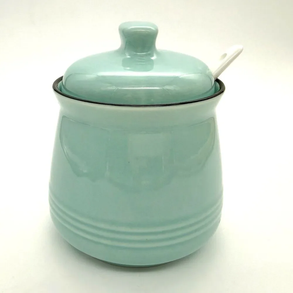 DAYYET Sugar Bowl w/Lid Spoon 10 oz Ceramic Turquoise Aqua Farmhouse Cottagecore
